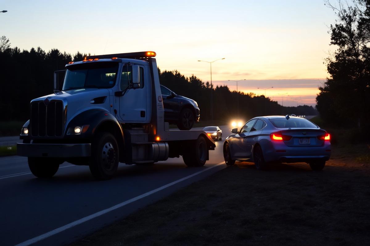 Caminhão-guincho recolhendo um carro na beira da rodovia ao anoitecer